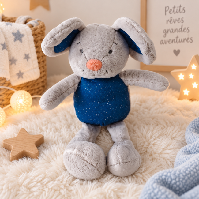 Doudou peluche gris et bleu de 28 cm environ vue de face