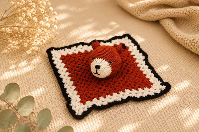 Vue dessus d’un doudou renard au crochet rouille, blanc et noir sur fond cocooning