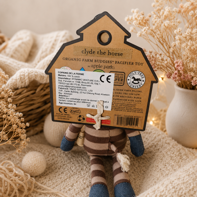 Étiquette du doudou cheval bio Clyde Apple Park en coton biologique pour bébé