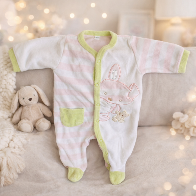 Pyjama naissance rose et blanc avec finitions vert d’eau, posé sur un fauteuil beige dans une chambre de bébé douce.
