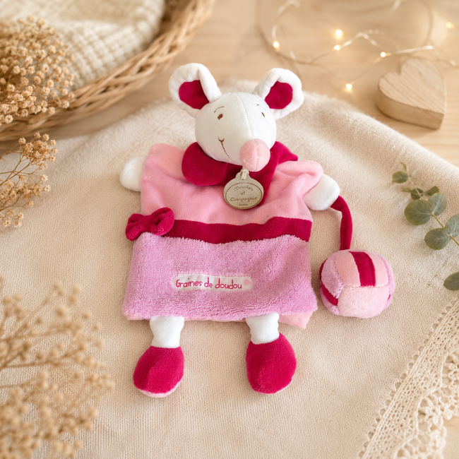 Marionnette souris Doudou et Compagnie de seconde main rose et blanche avec grelot