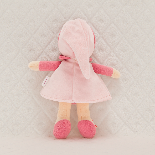  Doudou et Compagnie en tissu rose et beige, capuche à oreille, étiquette visible, fond matelassé
