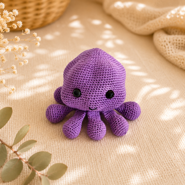 Pieuvre crochet artisanale violette – Jouet bébé fait main Pieuvre au crochet violette faite main dans une décoration cocooning et naturelle