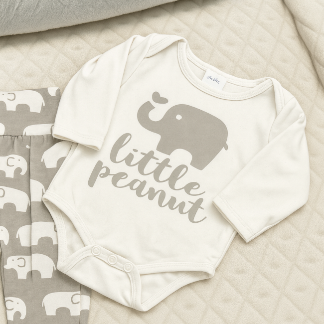 Vêtements bébé 3-6 mois – body blanc avec éléphant et pantalon gris imprimé éléphants