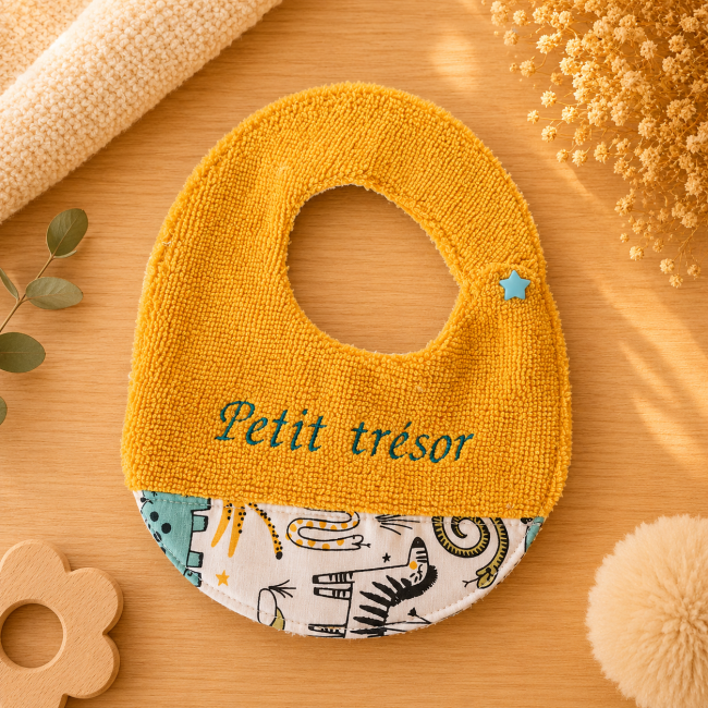 Bavoir artisanal bébé T1 en fibre de bambou brodé Petit trésor motif Safari