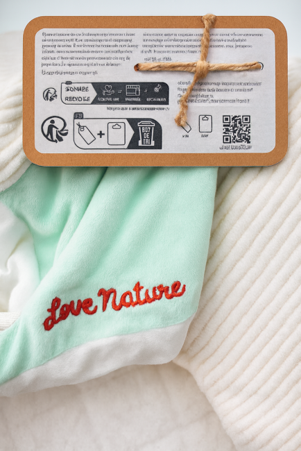 Étiquette textile avec message écologique et logo Love Nature sur tissu vert menthe