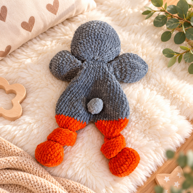 Doudou canard artisanal au crochet gris et orange vue de dos