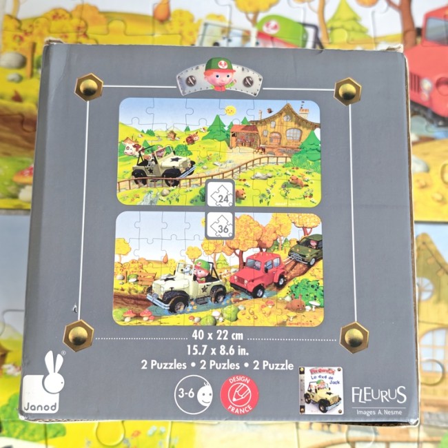 Dos de la boîte puzzles Janod Les 4x4 de Jack Dos de la boîte Janod Les 4x4 de Jack – détails modèles 24 et 36 pièces, très bon état.