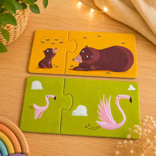 Puzzle deux pièces ours adulte et son petit avec des abeilles