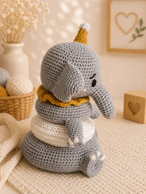 ĂlĂ©phant crochet gris â DĂ©coration et jouet bĂ©bĂ© artisanal Jouet Ă©lĂ©phant au crochet gris et blanc dans une dĂ©coration chaleureuse de chambre bĂ©bĂ©
