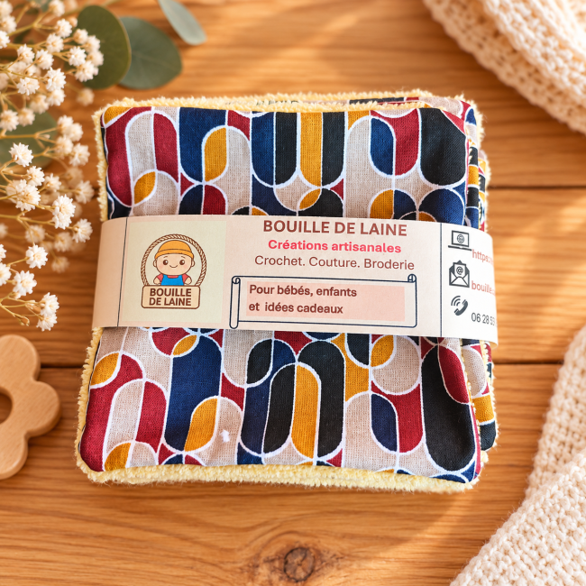 Lot de 6 lingettes lavables en bambou artisanales Bouille de Laine