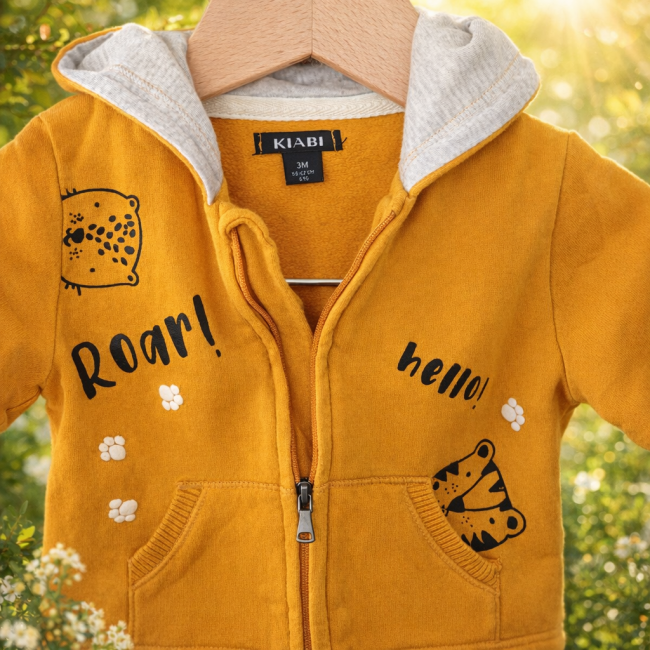 Détail du sweat enfant moutarde, texture et finitions