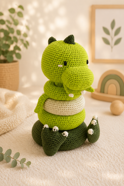 Jouet dinosaure au crochet vert en vue de profil dans une décoration chaleureuse pour bébé