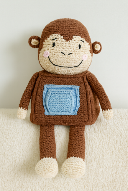 Jouet singe en crochet souriant avec joues roses et poche bleue, assis sur couverture claire