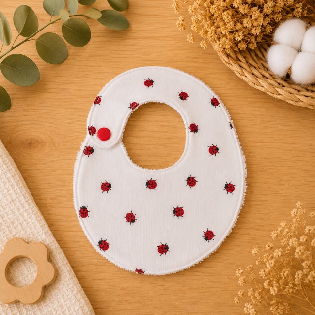 Bavoir bébé T1 côté imprimé avec petites coccinelles rouges et noires sur fond blanc
