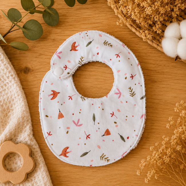 Bavoir bébé T1 en tissu imprimé oiseaux et feuillage sur fond écru