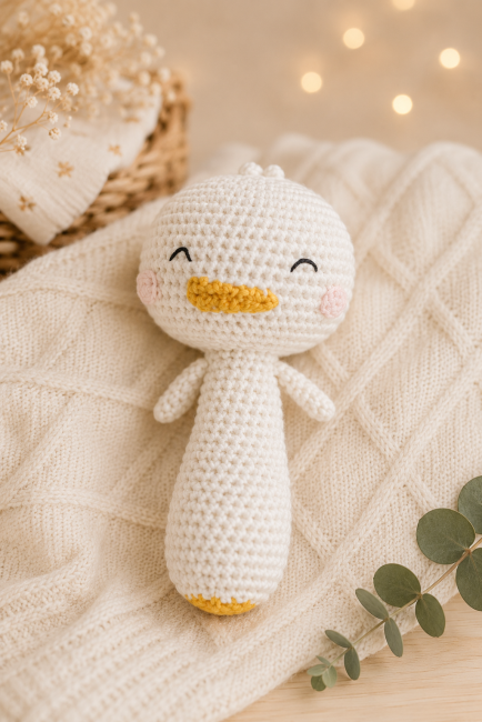 Hochet canard artisanal pour bébé – ambiance apaisante et naturelle Hochet bébé canard crocheté à la main avec décoration cocooning et lumière douce