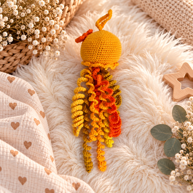 Pieuvre artisanale au crochet vue de dos avec tentacules jaunes orange et moutarde