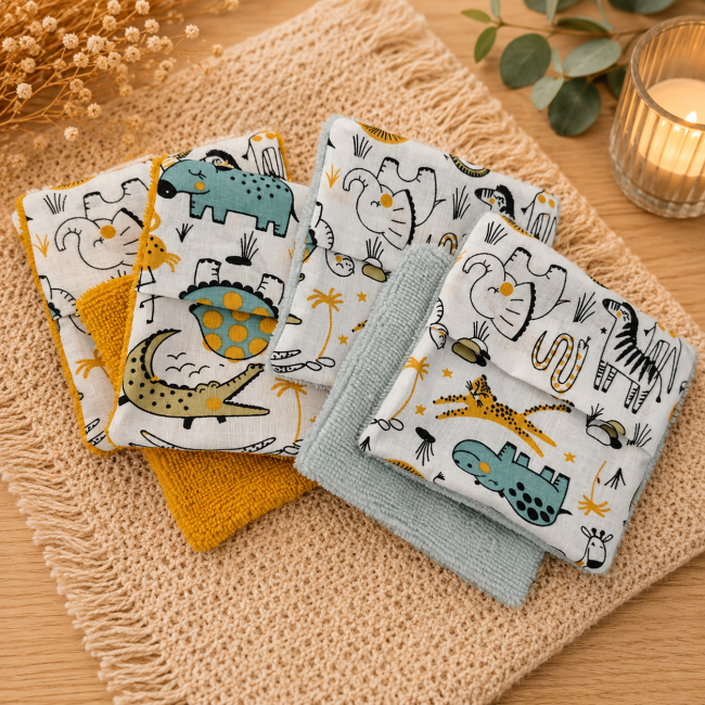 Lingettes lavables réutilisables en coton motif animaux de la savane et fibre de bambou