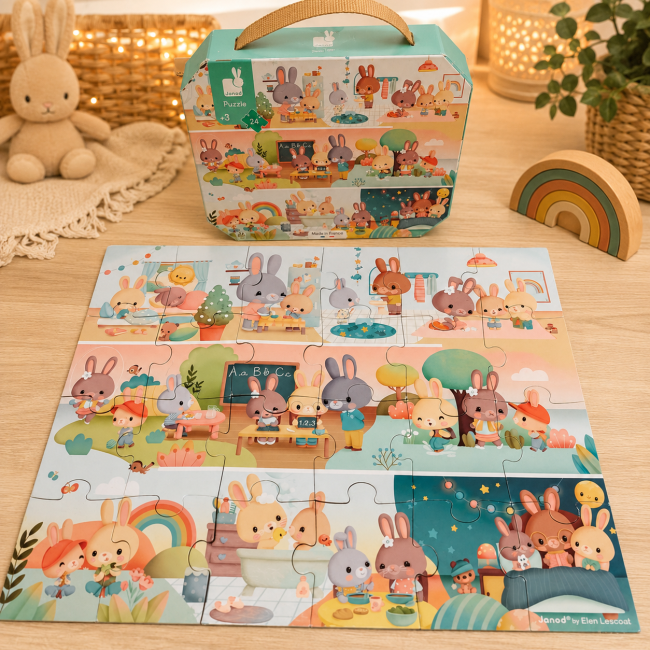Puzzle Janod 24 pièces Les Lapins avec sa boîte de rangement dès 3 ans seconde main