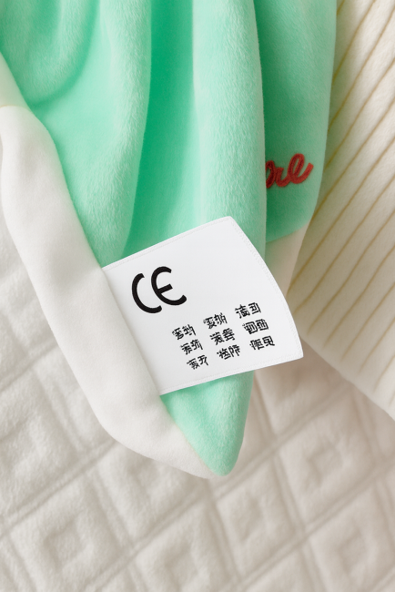 Étiquette CE sur doudou bébé avec mentions en chinois et conformité aux normes européennes
