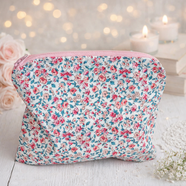 Trousse fleurie faite main avec fermeture rose, présentée sur un fond lumineux avec fleur