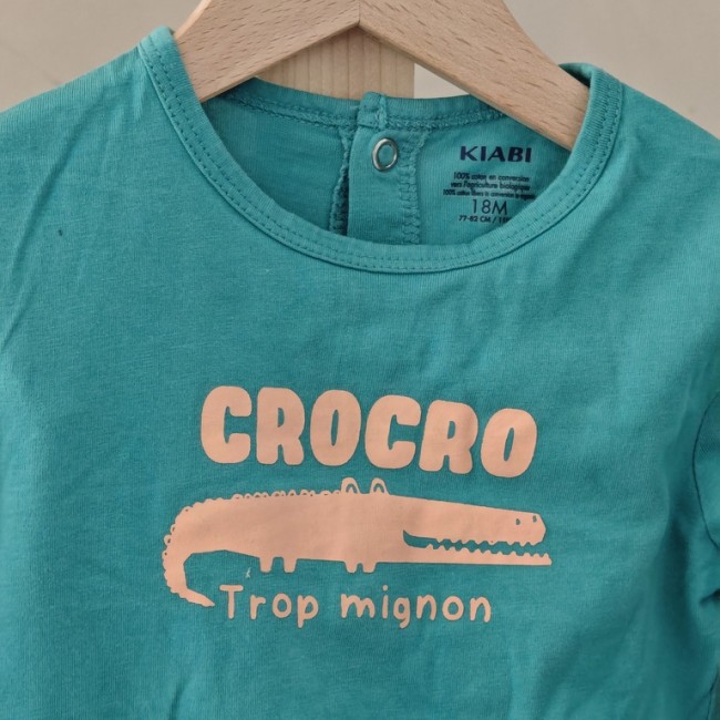 Motif pyjama bébé turquoise motif crocodile CROCRO, coton bio, taille 18 mois.