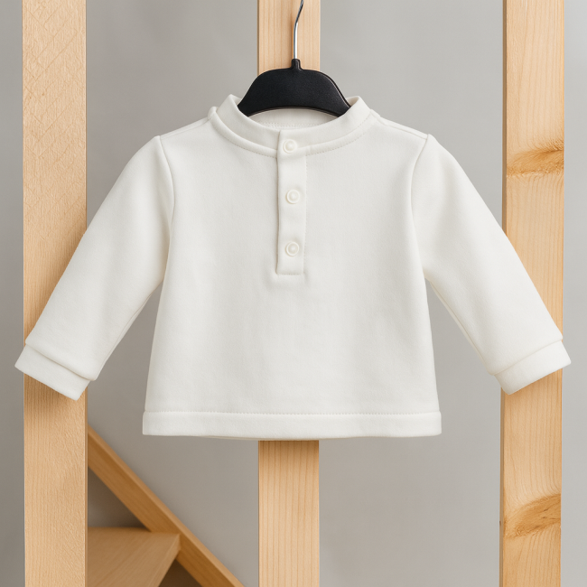 Col du sweat bébé avec trois petits boutons blancs au dos, tissu doux et épais.