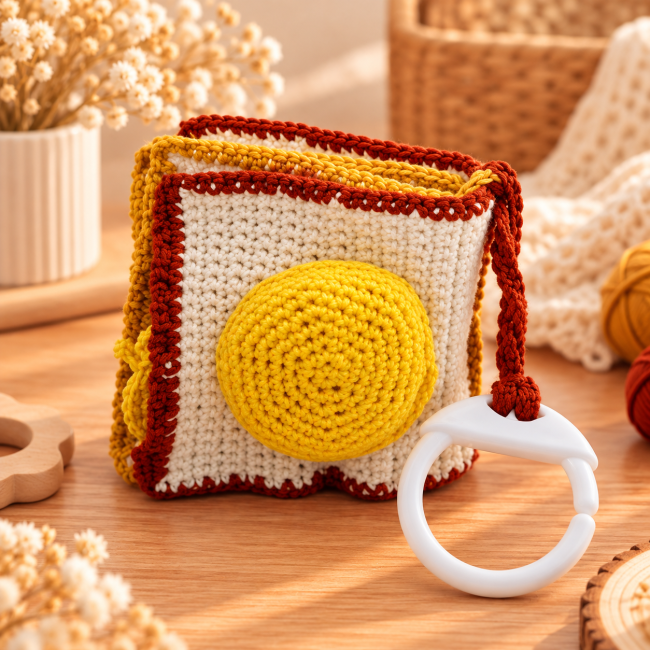 Jouet sensoriel en crochet avec un anneau d'attache Jouet crocheté en forme de cercle jaune et anneau blanc