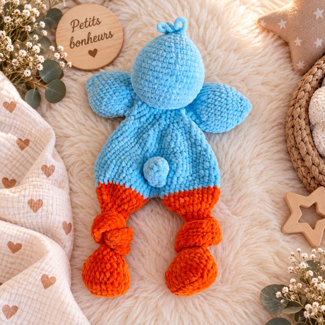 doudou-canard-artisanal-bleu-orange-fil-chenille. Doudou canard artisanal en fil chenille bleu et orange vu de dos
