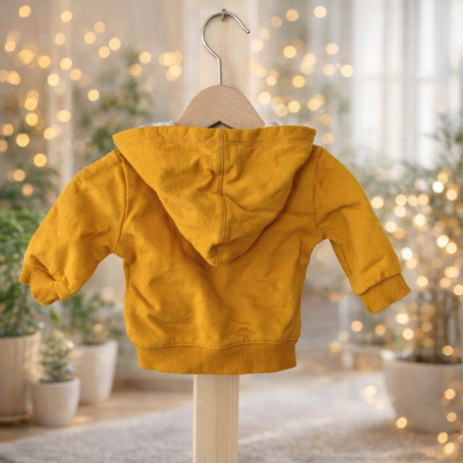 Sweat à capuche enfant moutarde vu de dos, taille 3 mois