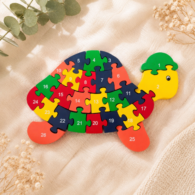 Puzzle tortue en bois coloré de seconde main avec 26 pièces numérotées