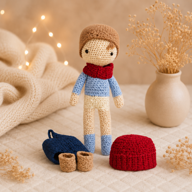 Poupée garçon au crochet avec vêtements interchangeables, bonnet rouge, salopette bleue et chaussures faites main