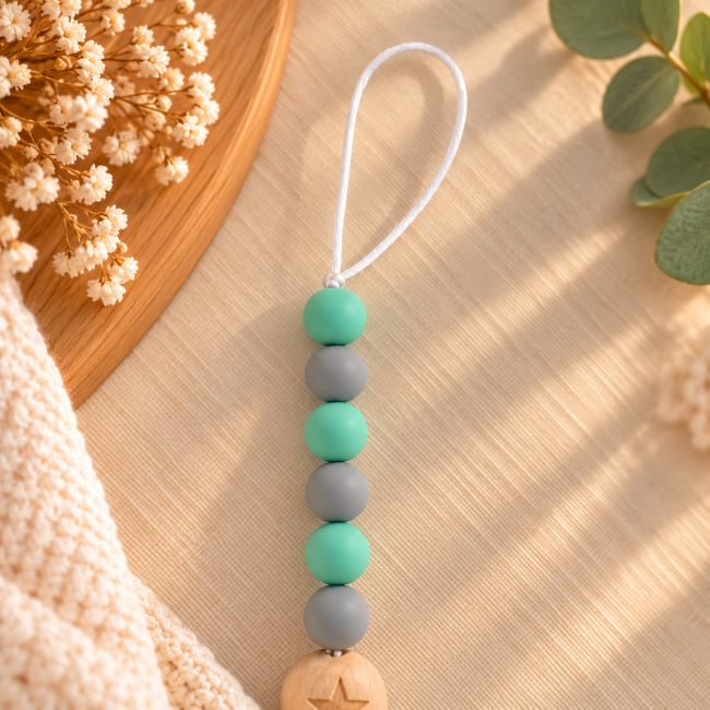 Boucle en cordon blanc et perles en silicone vert menthe et gris de l’attache-sucette artisanale