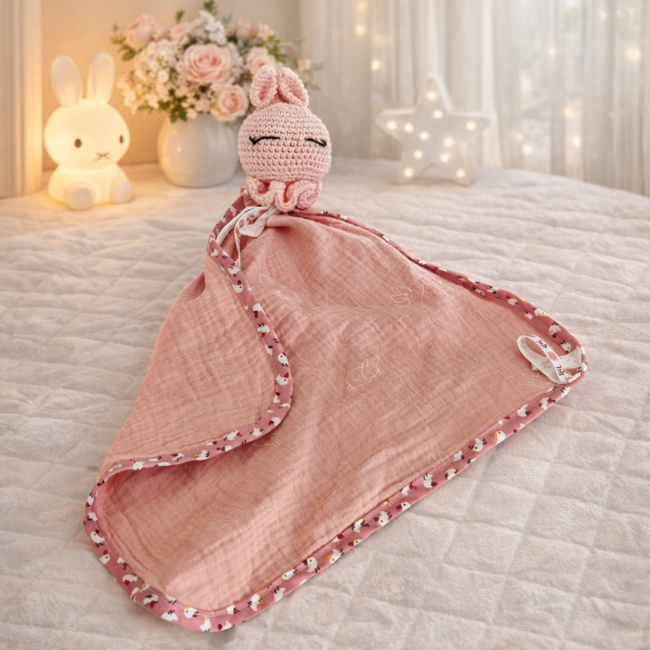 Doudou lange rose avec tête de lapin crochetée, posé sur un lit, ambiance douce avec lampe lapin et fleurs en arrière‑plan.