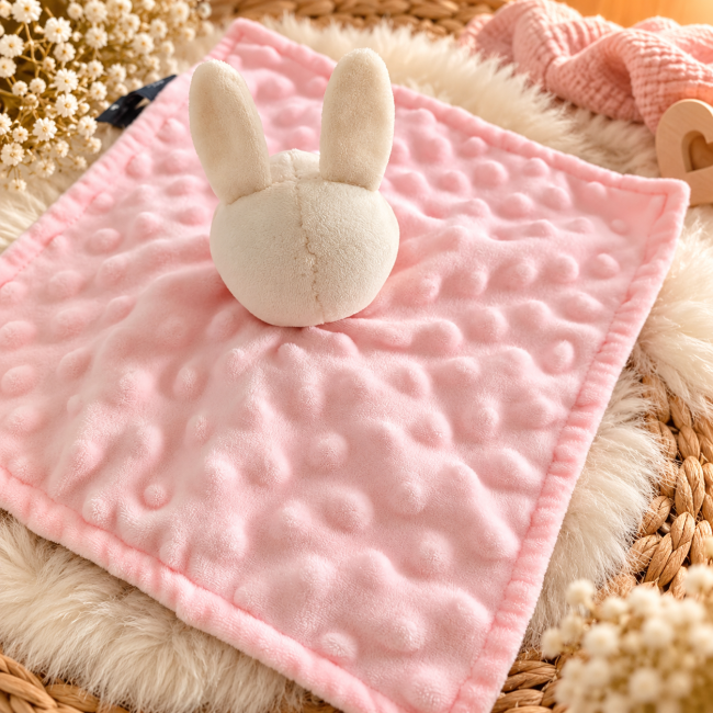 Dos du doudou plat lapin Orchestra écru et carré rose poudré à reliefs