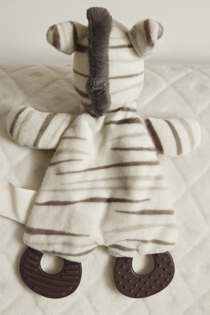 Zèbre en peluche gris avec pieds en silicone texturés et étiquette latérale