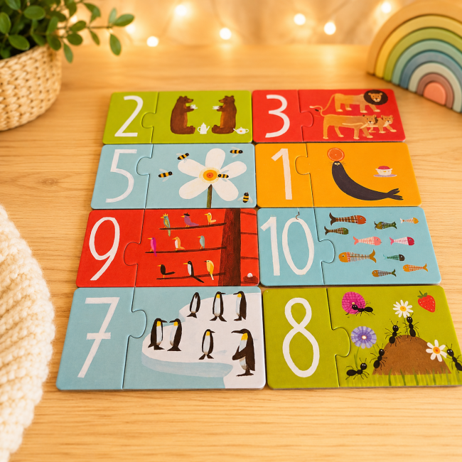 Détail des puzzles chiffres DJECO avec illustrations motifs et chiffres