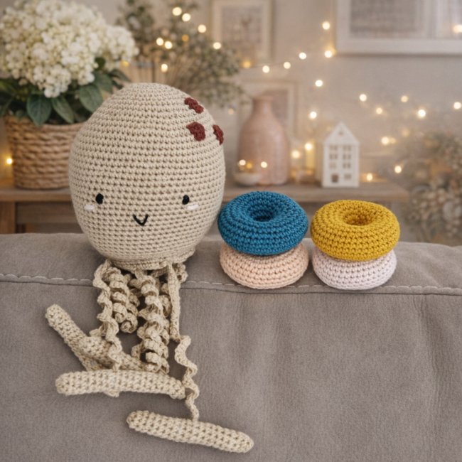 Pieuvre d’éveil au crochet beige avec anneaux colorés posée sur un canapé
