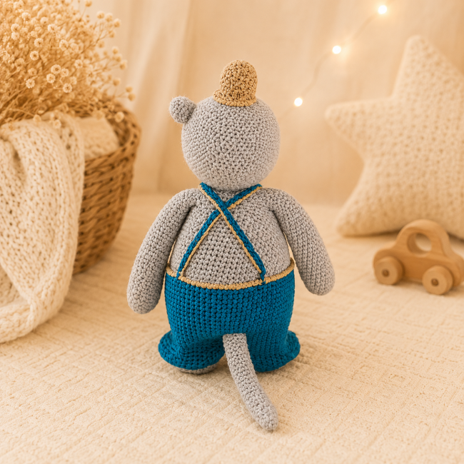 Vue arrière d’un hippopotame au crochet dans une décoration chaleureuse pour bébé