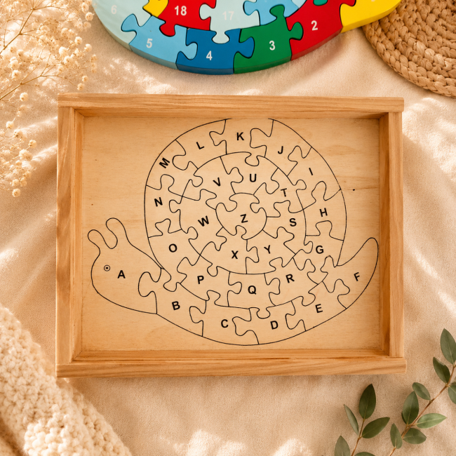 Support en bois du puzzle escargot avec lettres de A à Z