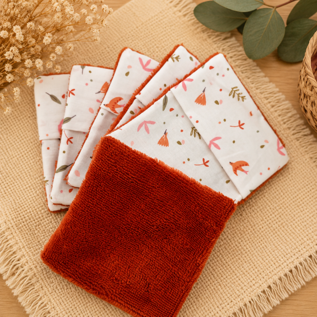 Lingettes lavables réutilisables en coton à motif floral et fibre de bambou terracotta