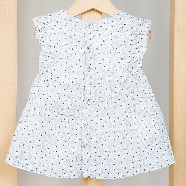 Robe enfant seconde main sans manches à fleurs vertes et noires, dos boutonné - vue de dos