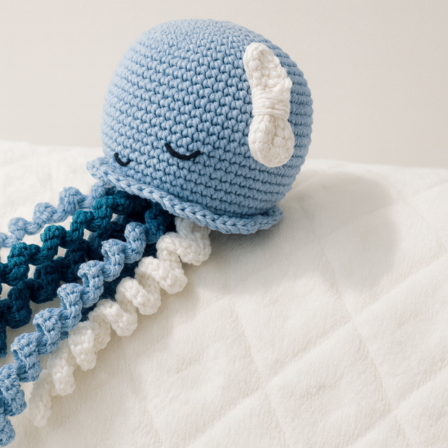 Doudou pieuvre crocheté à la main en coton bleu avec tentacules bouclés bleu, blanc et turquoise, yeux sécurisés et petit nœud blanc, posé sur fond blanc