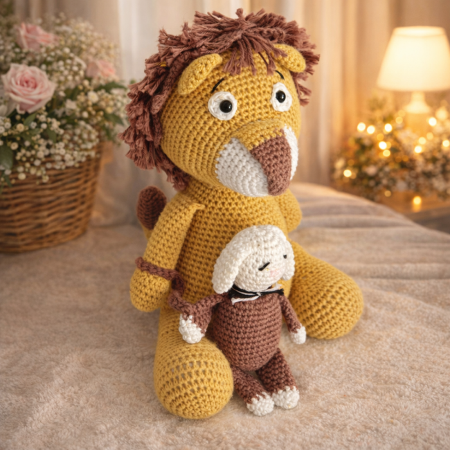Doudou lion en coton moutarde tenant un petit lapin crocheté, posé devant un panier fleuri dans une ambiance chaleureuse