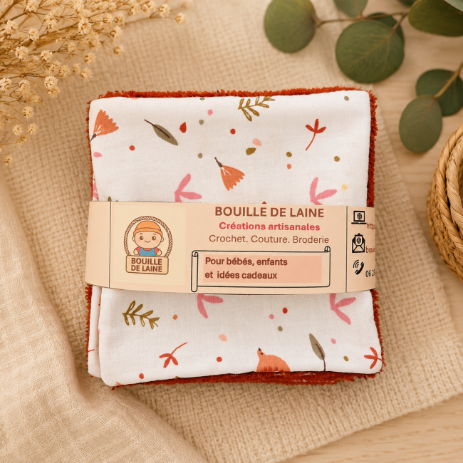 Lot de lingettes lavables artisanales en fibre de bambou motif fleurs terracotta Bouille de Laine