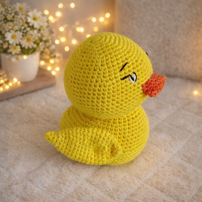 Canard au crochet – ambiance florale et chaleureuse Canard au crochet jaune sur fond lumineux avec fleurs et guirlande