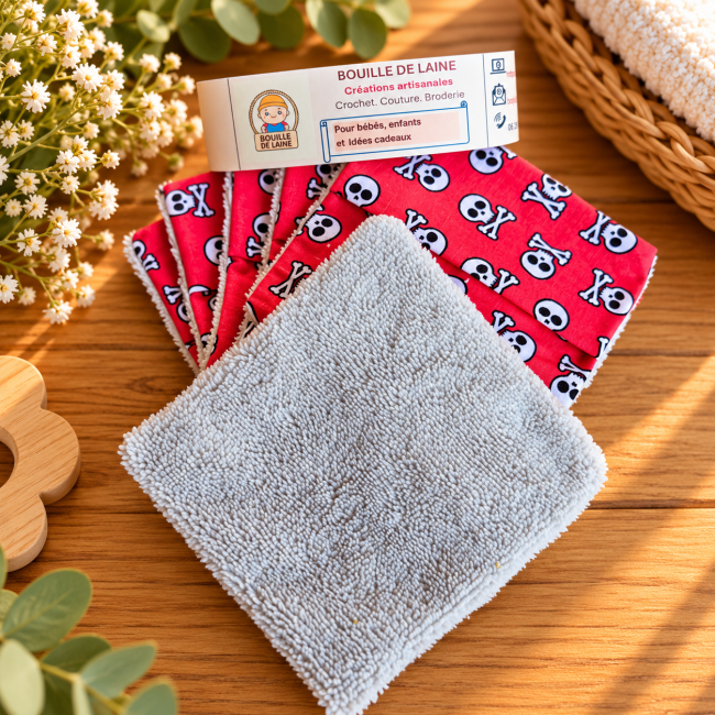 6 lingettes lavables artisanales en bambou avec face douce et motif rouge