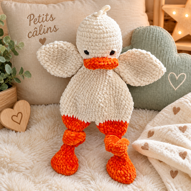 Doudou canard fait main – vue de face Doudou canard fait main au crochet avec bec et pattes orange