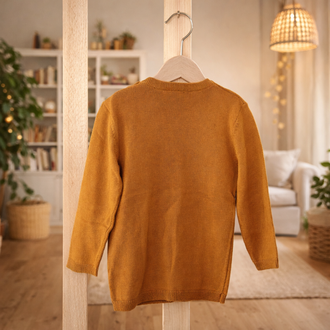 Dos pull bébé KIABI moutarde 36 mois Pull bébé moutarde KIABI 36 mois vue arrière manches longues